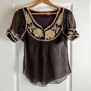 Rene Derhy Sheer Beaded Embroidered Lace SS Blouse